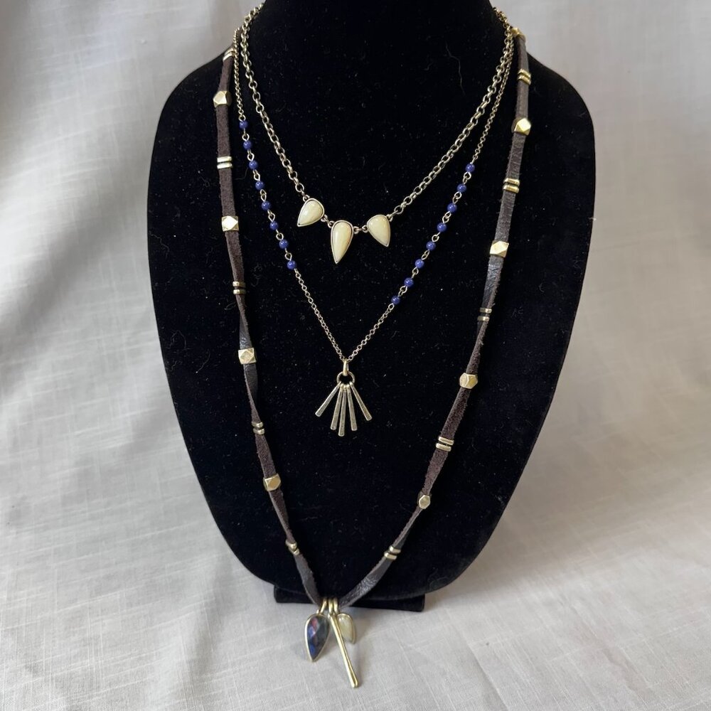 Lucky Brand Triple Strand Leather and Gold Necklace